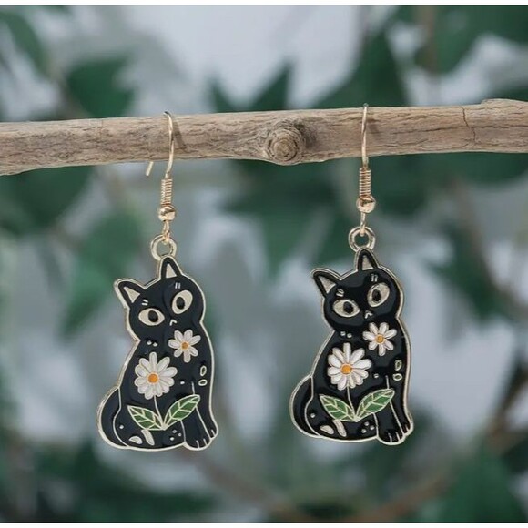 Enamel Black Cat Shaped Earrings Daisies Flowers Dangle - Picture 3 of 8